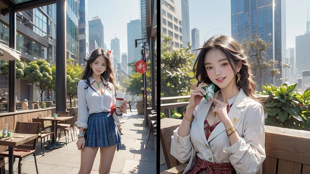 8K、RAW Photos、Highest quality、Super detailed、Super Resolution、Ultra HD、8K壁紙、Amazing details blazer uniform girl ((White blouse with formal collar, Blue Blazer, 
Red Check Skirt, Red checkered ribbon on blouse)), Complete limbs, Full Finger, 
((((((Starbucks outdoor cafe among skyscrapers))))))、((16 year old female student))、(((((Eat cake、Drink coffee、smile)))))、(((Heart Necklace、Gold bracelet)))
(((Emphasize cleavage)))
(((((Ferrari 488)))))
((((Full body photo、The whole body is visible、Full body portrait))))
