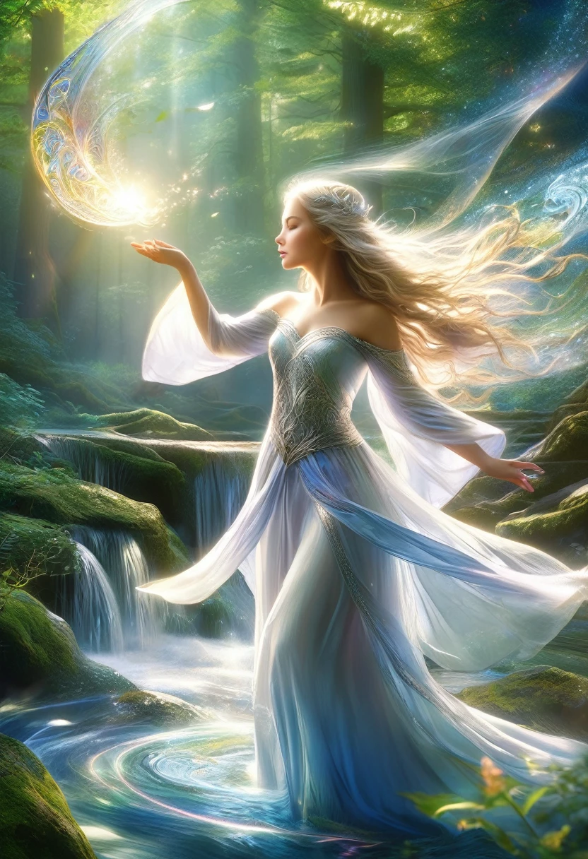 (best quality,4K,8K,high resolution,masterpiece:1.2), Extremely detailed, (Practical,photoPractical,photo-Practical:1.37), In the heart of the enchanted forest, Bathed in the soft moonlight filtering through the treetops, There stands a beautiful figure. She is an elf witch., Her long silver hair shimmers around her slender body.，Like silk woven from strands of moonlight. Her eyes, A mesmerizing rainbow mix, Shines with an otherworldly light, Reflecting the colorful colors of the surrounding forest. They are windows to the soul，As old as the trees, Full of wisdom and mystery beyond her years. Wearing a flowing white robe，It is decorated with intricate silver thread patterns., Her movements are graceful and easy. Every movement is a dance, The fluid movement seems to ripple through the air，Like water flowing over smooth stones. As she raised her slender hands to the sky, The air around her is filled with magical energy, The nature of the forest answered her call. Powerful words flowed from her lips，Like liquid silver, The ancient spell echoes in the silent night sky，The melody lingers in my mind. Every word, Tendrils of magical energy began to swirl around her., Intertwined in a flickering swirl of light and shadow. Shapes begin to form in the vortex, Phantom creatures born of pure magic dance to the rhythm of her voice. When her spell reaches, Her voice got higher and higher, A symphony of power and wonder that fills the forest. She finally waved her hands, She lifted the spell, Magical energy gathers into a beam of light，Light up the darkness like a thousand stars.(Artworks of Yoshitaka Amano:1.3)