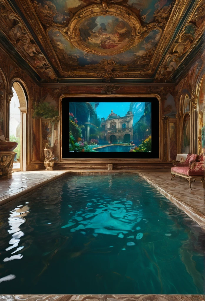 a close up of a pool in a house with a tv in the background, a hyperrealistic painting inspired by Gaston Bussière, reddit contest winner, renaissance, in a luxurious pool, next to a pool, a pool inside the giant palace, dreampool rooms, 🌻🎹🎼, in a swimming pool, ah yes, luxurious environment, dream pool