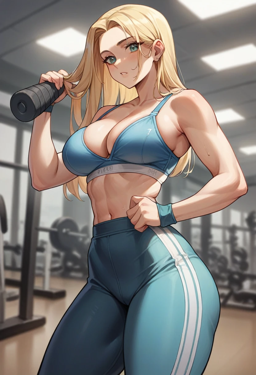 American 35years old women
Wearing blue bra and black tight lower
Hair colour blonde
Body measurement is breasts 42inches
, Waist 25inches , 45inches hips
Eyes colour light green. 
Doing squats in gym