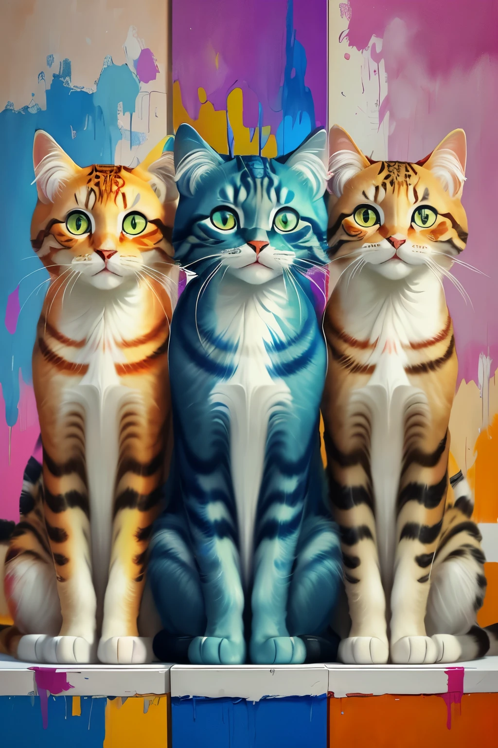 A trio of abstract expressionist painted felines, each showcasing a unique aesthetic, are artistically rendered in vivid colors and dynamic brushstrokes. The cats, with their expressive eyes and distinctive coats, exude a sense of movement and emotion on the canvas. The backdrop, a neutral color palette, serves as a stark contrast to the vibrant feline subjects. This mesmerizing masterpiece, painted in 8K ultra-high definition, is a true testament to the brilliance of abstract art.