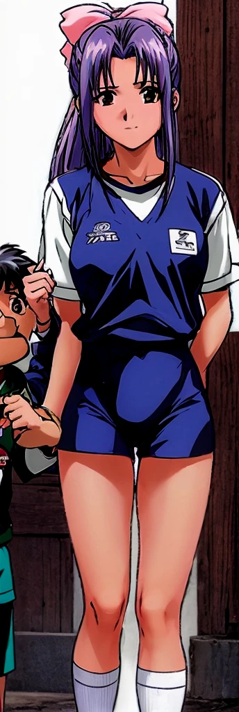 Momoko Koigakubo, a tall girl with beautiful legs, is standing with a smile on her face, wearing white gym clothes and light navy blue bloomers that look like panties, with her legs spread to the sides.。Next to Momoko Koigakubo is a smiling -grade earing a tracksuit, who is being held by Momoko Koigakubo.。