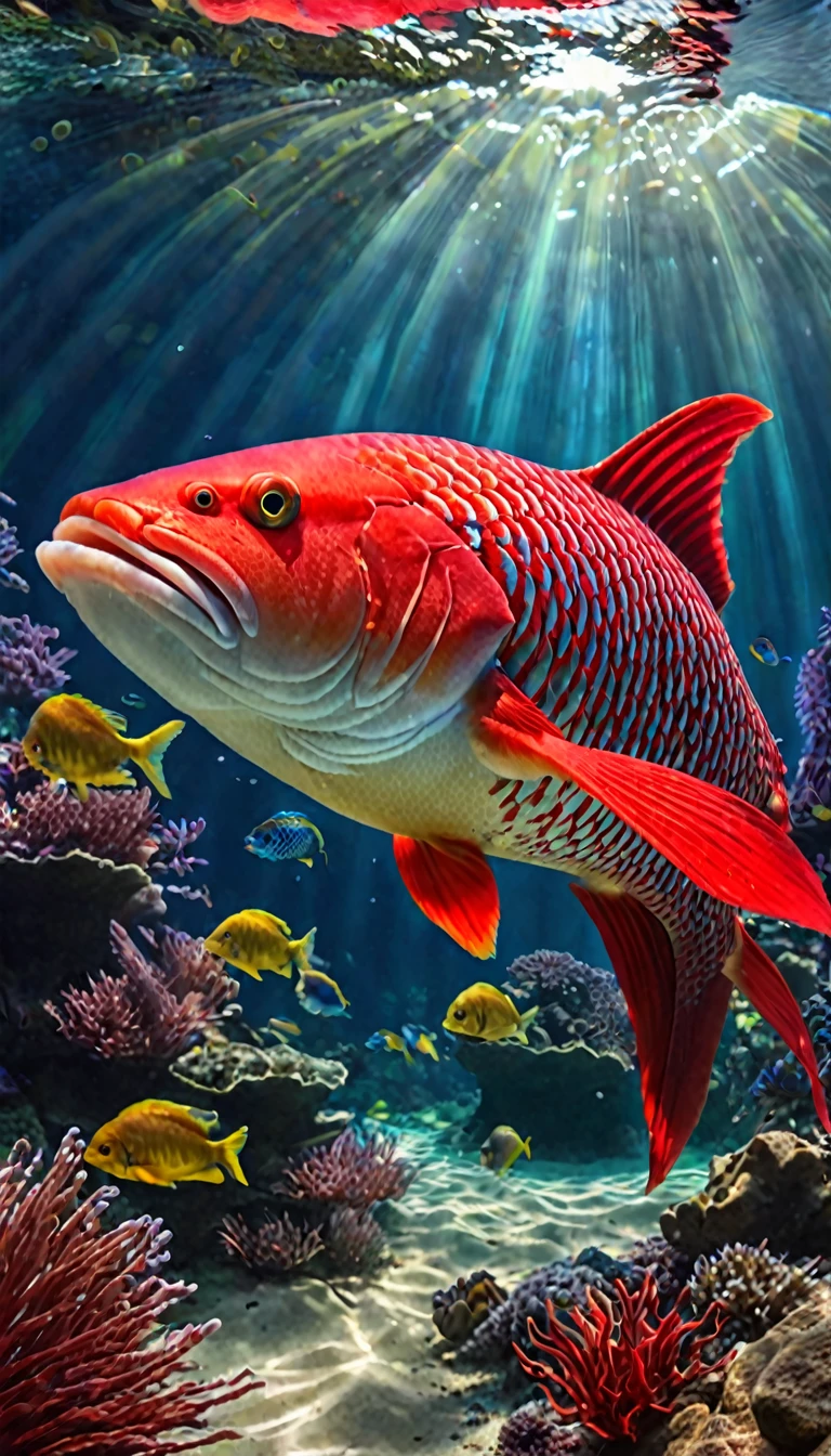 Panorama,A red fishman under the water,Human head fish body,Fish fins and tail(best quality,4K,8K,High level,masterpiece:1.2),Ultra Detailed,(lifelike,Photo real,Photo real:1.37),Highly detailed animals,Complex patterns,Realistic lighting,Fantasy Creatures