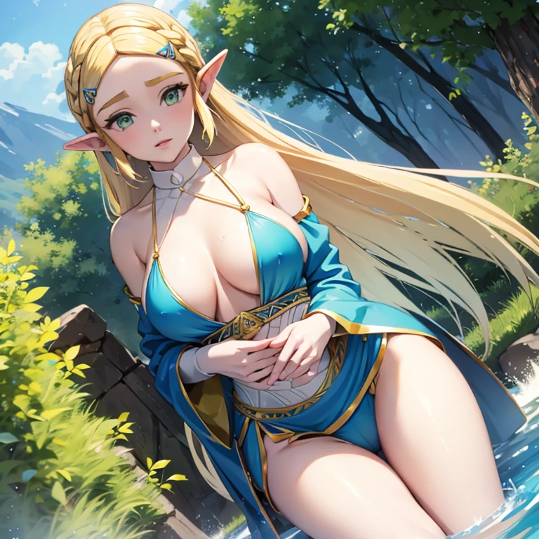 princess zelda, blonde very long hair, green eyes, wearing a y blue dress, side slit, ultrasharp, looking at the viewer, ((best quality)), ((masterpiece)), (detailed), perfect face, big breexy bodyexy woman bdes her, hugged, An anime scene of two girls hugging and kissing intensely, with hearts and sparkles floating around them as they stand in pool of water