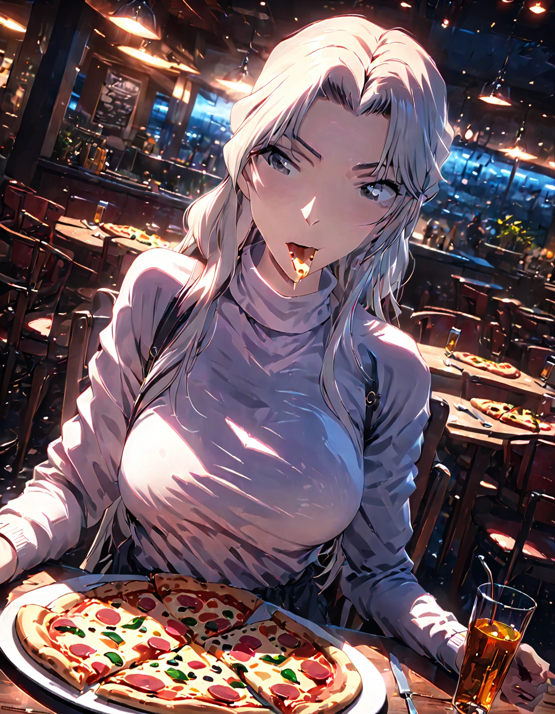anime,1girl,white long hair,gray eyes, white shirt, long sleeves, turtleneck, sitting, looking at viewer,( eating holding pizza :1.5), pizza, plate, fork, knife, table, chair, table, restaurant, cinematic angle, cinematic lighting, masterpiece, best quality(Depth of field hdr 8k 4k wallpaper cinematic angle, cinematic lighting,:1.5) (masterpiece, best quality:2.0), (Depth of field hdr 8k 4k wallpaper cinematic angle, cinematic lighting,:1.5) (masterpiece, best quality:1.75)