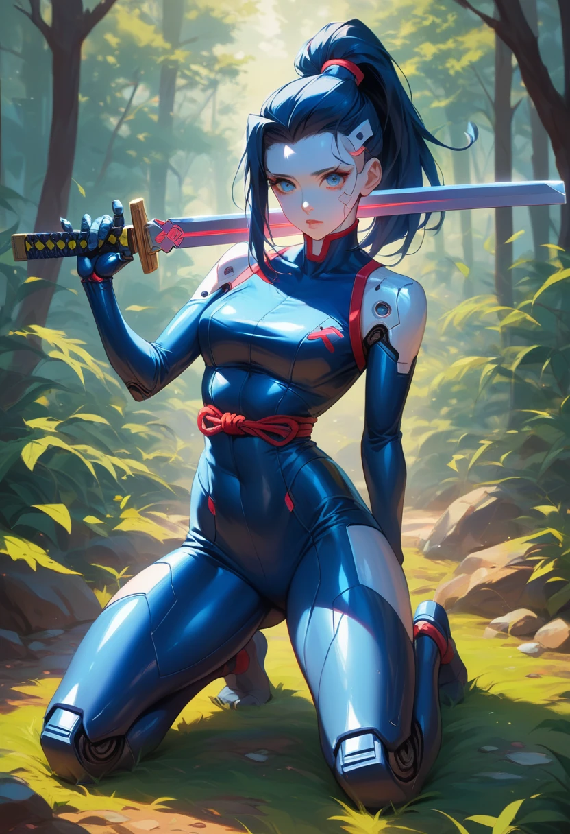Cyberpunk Girl, Digital Cyberpunk Art, (Digital Cyberpunk Art), Ultra high definition、masterpiece、correct、Anatomically correct、Textured skin、Very detailed、High detail、high quality、最high quality、High resolution、8K、Raw photo、whole body、Beautiful age Woman、One Japanese woman、Big beautiful eyes、Medium chest、Black hair ponytail、((Shiny navy blue robot ninja outfit))、In a dark forest、((Shiny Robot Ninja))、((Holding a sword)), (kneeling)