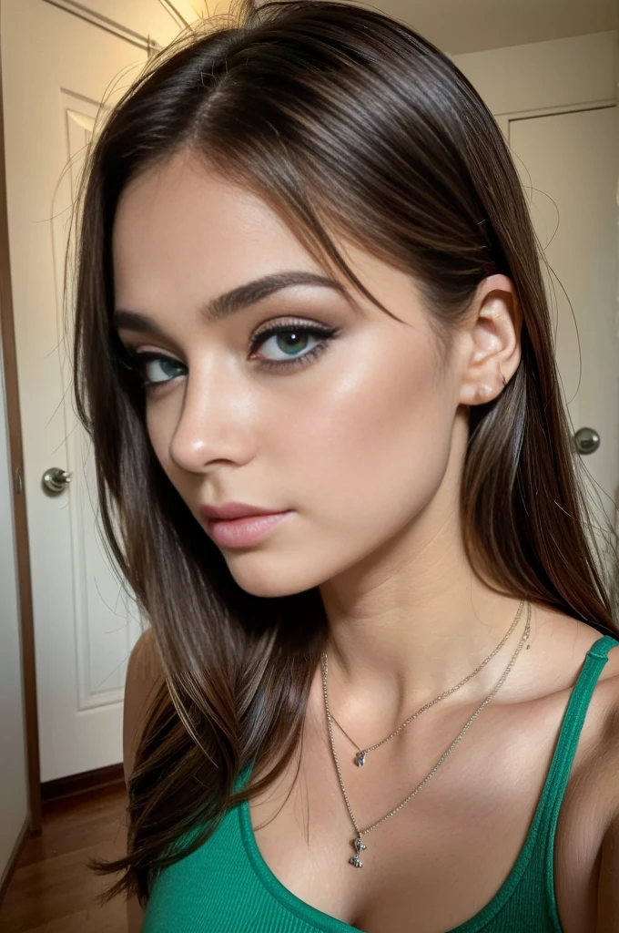 Arafed woman with a white tank top and necklace, fille sexy aux yeux verts, Portrait Sophie Mudd, cheveux bruns et grands yeux, selfie of a young woman, Yeux de chambre, Violet Myers, sans maquillage, maquillage naturel, looking straight at camera, Visage avec Artgram, Maquillage subtil, stunning closeupheadshot, piercing green eyes, see his whole body