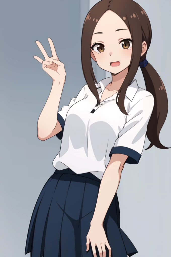 ((Highest quality))、((masterpiece))、(detailed)、One girl、Sexy Takagi、Long Hair、White polo shirt、Pleated skirt、Blue skirt bbtakagi、Long Hair、Low ponytail、clavicle、