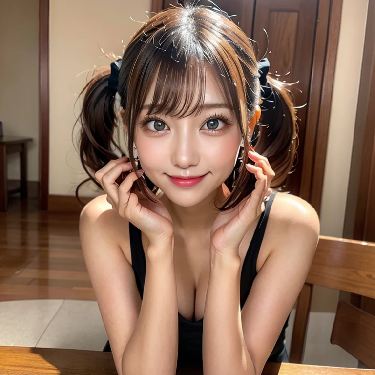 Tabletop, Two Girls、Highest quality, figure, Super detailed, In detail, High resolution, 8k wallpaper, Perfect dynamic composition, Beautiful attention to detail, Women's fashion,Natural color lip, Twin tails. Bold sexy pose,smile,Harajuku、****************、cute、sexy shot looking at camera,