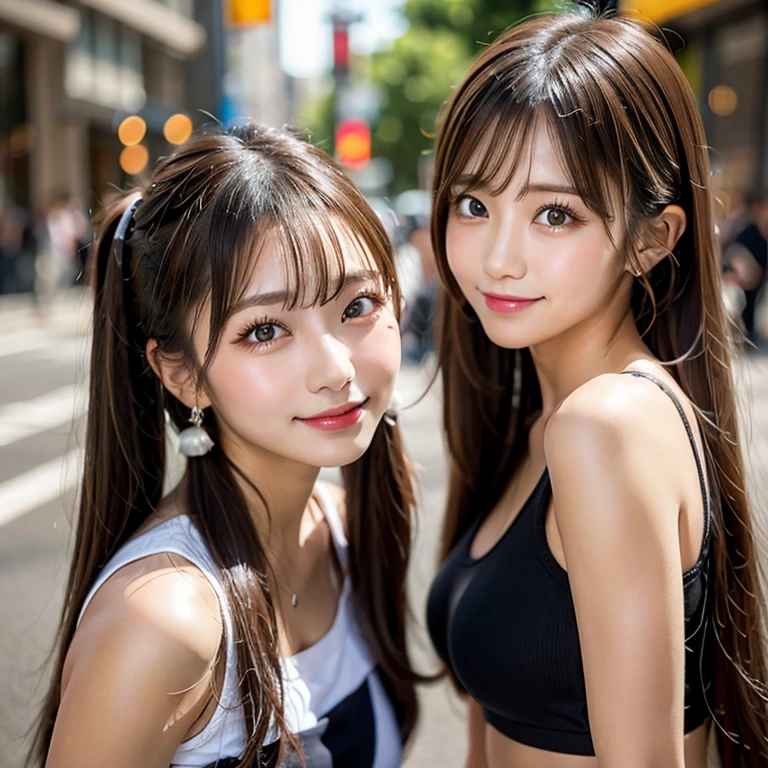 Tabletop, Two Girls、Highest quality, figure, Super detailed, In detail, High resolution, 8k wallpaper, Perfect dynamic composition, Beautiful attention to detail, Women's fashion,Natural color lip, Twin tails. Bold sexy pose,smile,Harajuku、****************、cute、sexy shot looking at camera,