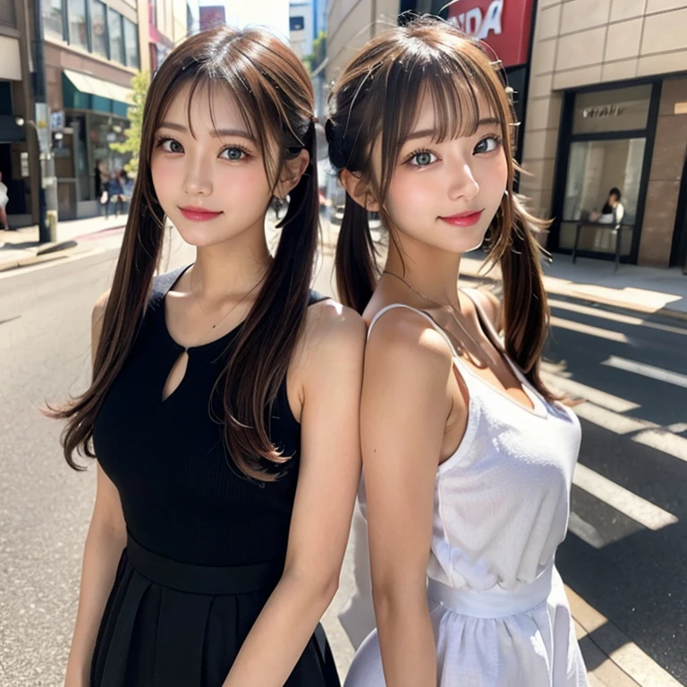 Tabletop, Two Girls、Highest quality, figure, Super detailed, In detail, High resolution, 8k wallpaper, Perfect dynamic composition, Beautiful attention to detail, Women's fashion,Natural color lip, Twin tails. Bold sexy pose,smile,Harajuku、-yeld gicute、sexy shot looking at camera,