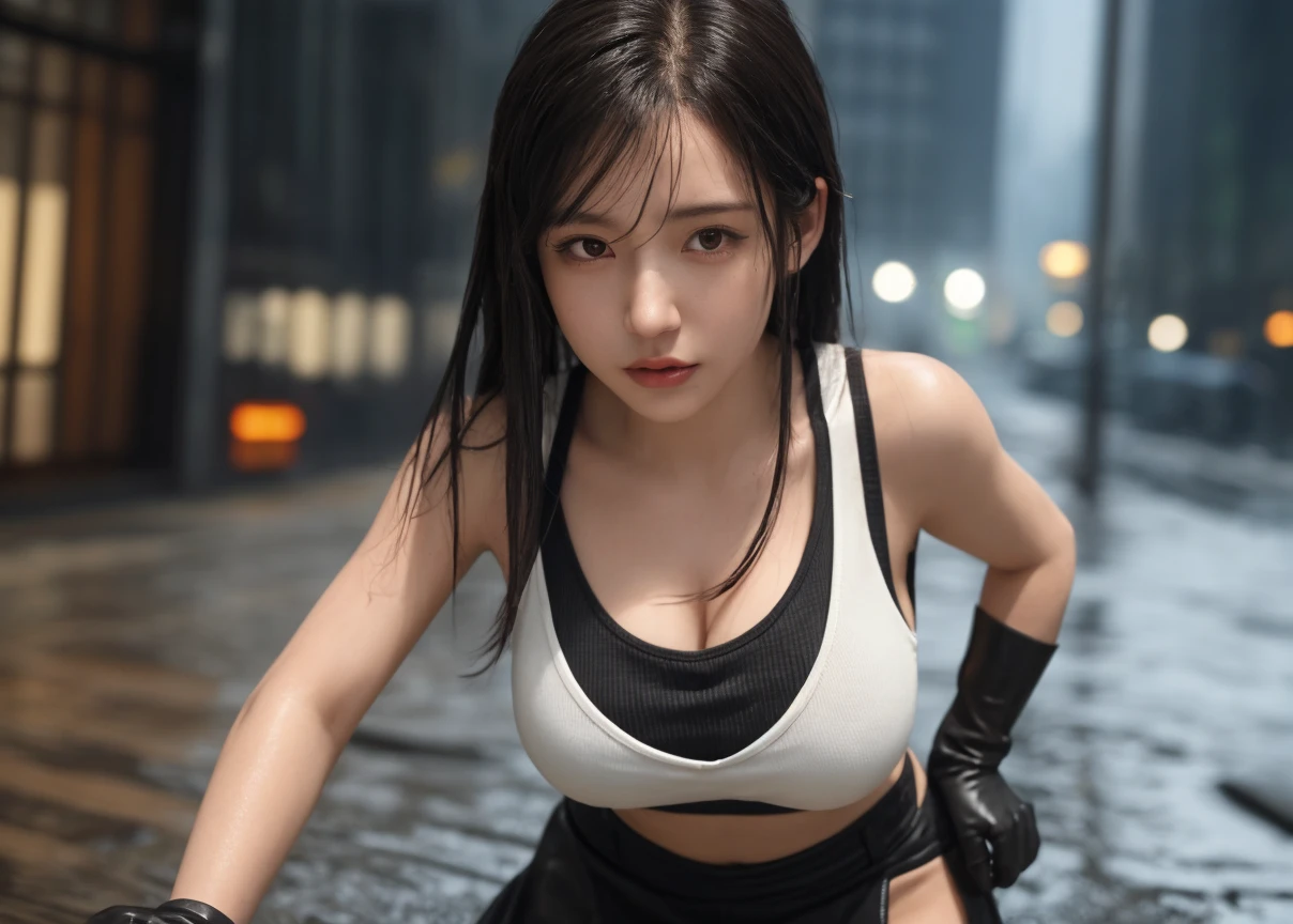 8k, RAW photo, best quality, masterpiece, realistic, photo-realistic, clear, professional lighting, beautiful face, best quality, ultra high res break (((ff7,Tifa_Lockhart))),(Tifa_Lockhart and monsters), (dark, A barely lit torture chamber:1.3,Wet:1.2,night:1.1), (Face Focus:1.1), On all fours:1.4 break (((ff7,Tifa_Lockhart))),(Light brown hair, Big Breasts:1.6, Ample breasts:1.4) break (((ff7,Tifa_Lockhart))), (Torn clothes:1.8), (Torn clothes:1.8), ((Exposed breasts:1.8)), (Erect nipples) break (((whole body:1.8))), (White tank top:1.8), (Embarrassing:1.8), (sexual excitement:1.6), (Moist eyes:1.8), Raise your hands