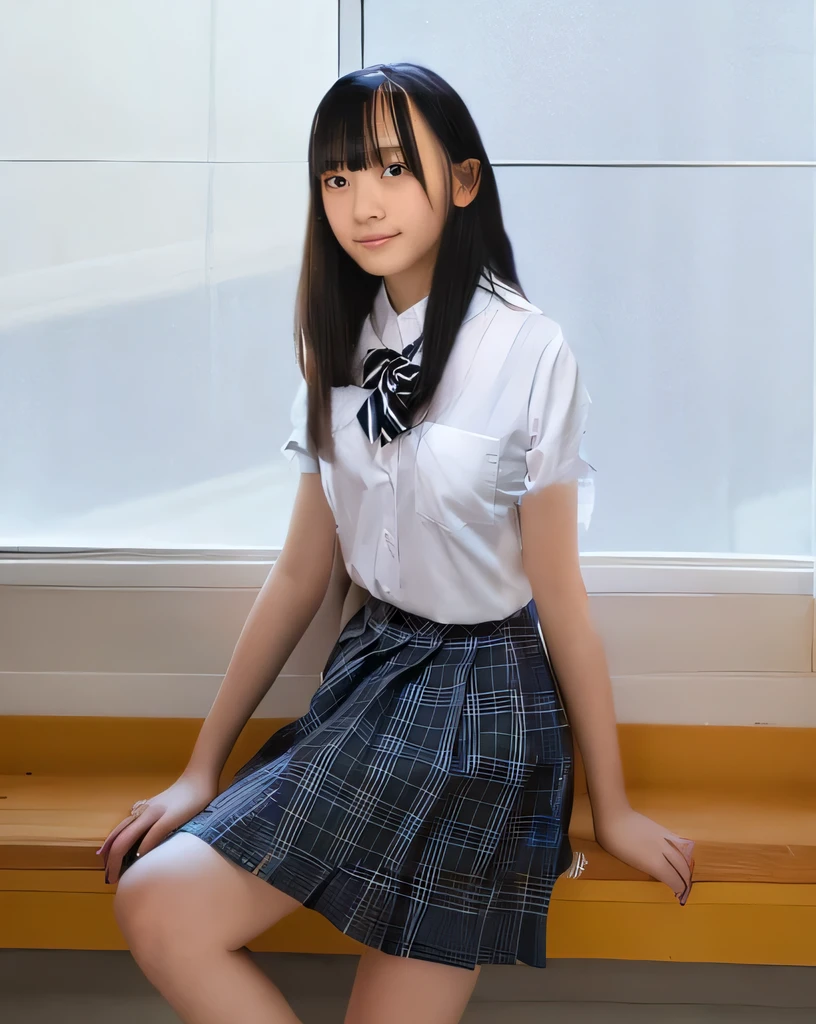 Highest quality,Super detailed,One high school girl,High school girl sitting on the floor of school gym,Sitting by the window,Turn slightly to the side and look at me,Wearing a short-sleeved white blouse,Checkered pleated skirt,Posing for a photo