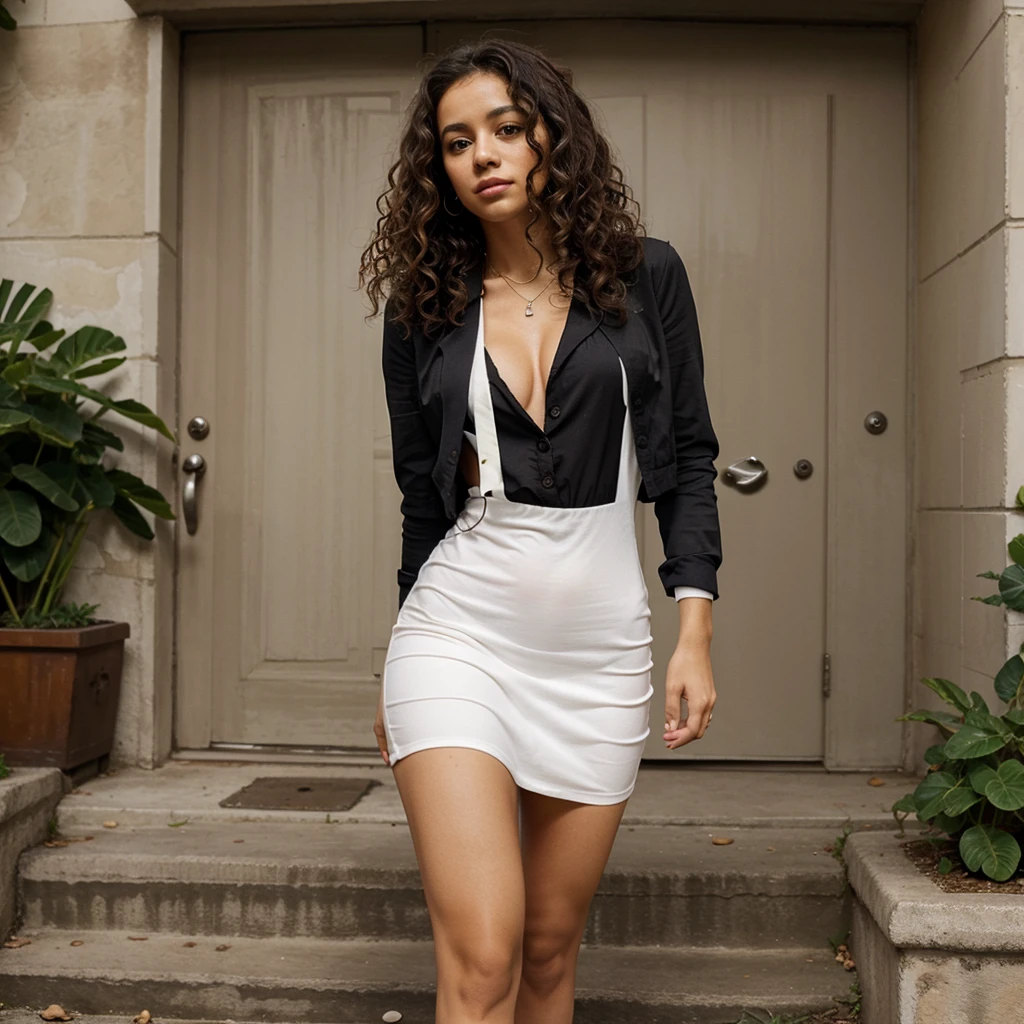 lone woman, latina, curly hair, perfect body, photo, dressy outfit, Be careful