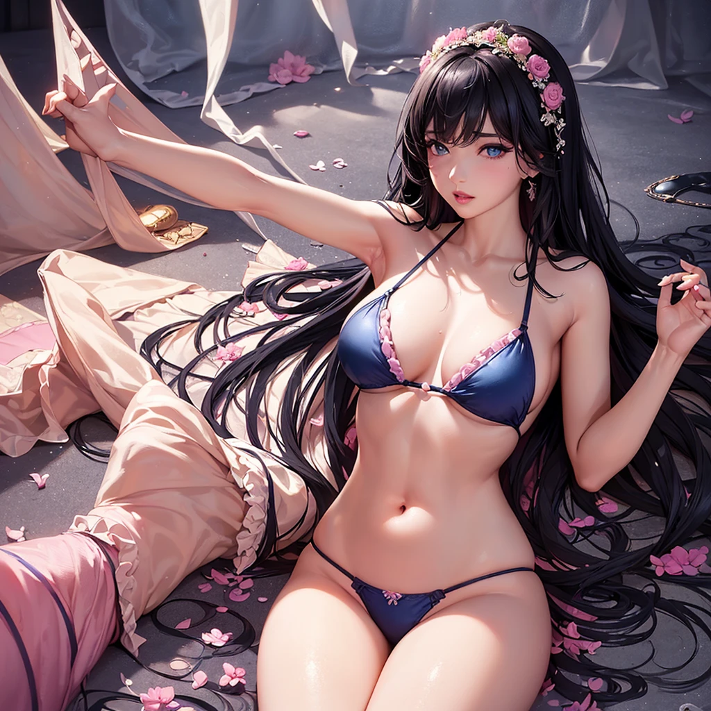 (Highest quality、Highest quality、Masterpiece、Very delicate、Very detailed、Exquisite、16K、Full HD)、( Solo )(Seduced sexy poses、Dynamic Pose)、1 female、、Sexiest Bikini、Pink frills)、Perfect body line、Realistic、Glowing Skin、(Groomed eyebrows、Pink Lips、Blue Eyes)、(Black long Hair)、Dramatic lighting, Ruined City ,