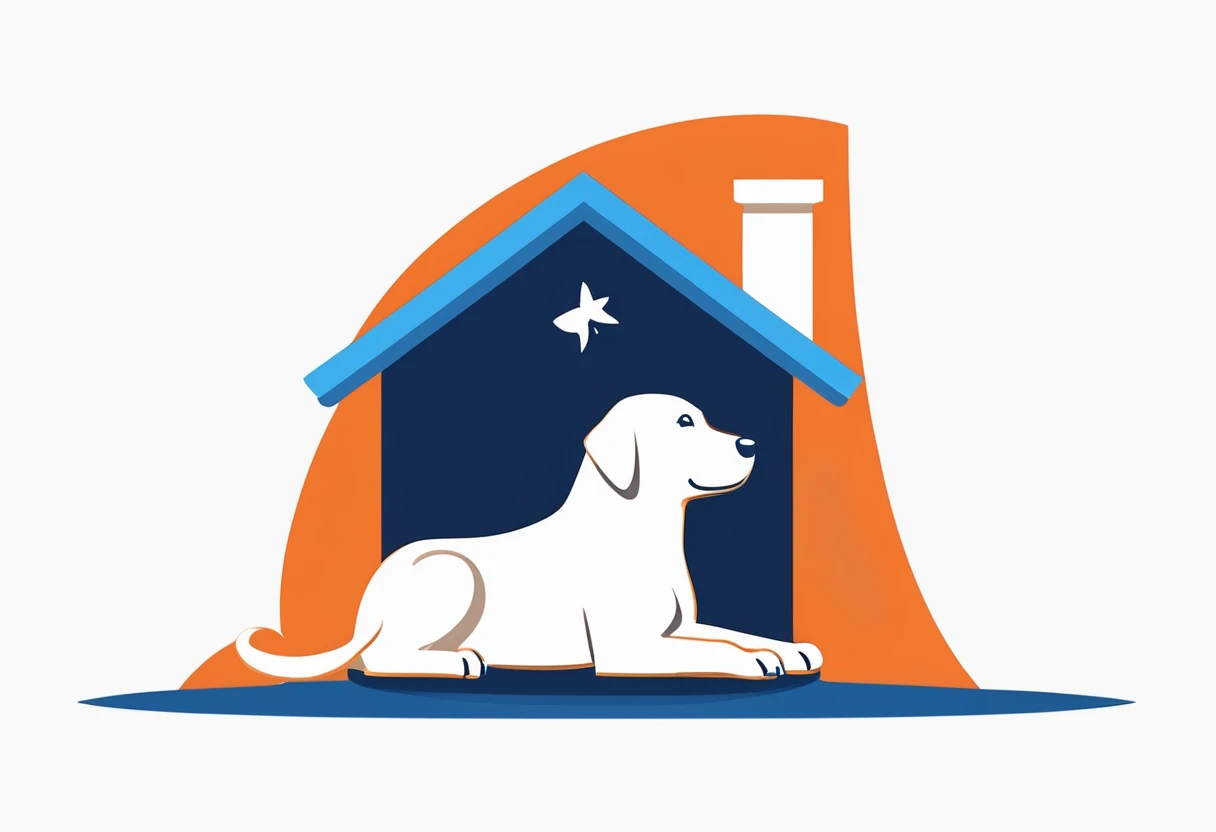 score_9, score_8_up, score_7_up, score_6_up, score_5_up, score_4_up, logo, A logo for a dog hottel, (fullbody), ((white dog:1.25), dog layin under the roof , pastell colors (orange, dark blue, blue, brown), LogoRedAF