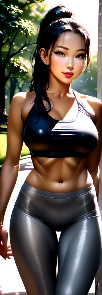 Ultra-realistic close-up photos of South Korean Kim Ji-soo, masterpiece, Highest quality, (Realistic:1.4), whole body, Luxurious grey crop top, Grey yoga pants, Central Park, sunny day, Cinematic Light, Beautiful woman, skinny, Large Breasts, Black long ponytail hair, Detailed face, smile, To the camera, Photo taken from a distance, Age 25, Stick your butt out