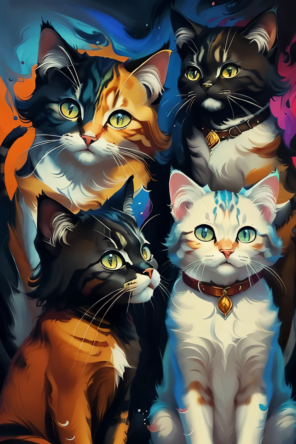 Three ethereal felines, elegantly captured in the style of abstract expressionism, dance across the canvas with fluid, swirling brushstrokes. Deep and vibrant hues of amber, cerulean, and obsidian blend together, each stroke meticulously placed to evoke a sense of movement and emotion. The background remains neutral, allowing the feline trio to take center stage. The overall mood is contemplative, as if each cat is pondering the mysteries of the universe. Intricate details and sharp lines showcase the artist's mastery of his craft, while the stunning 8K resolution brings out every brushstroke with breathtaking clarity. The piece is a testament
