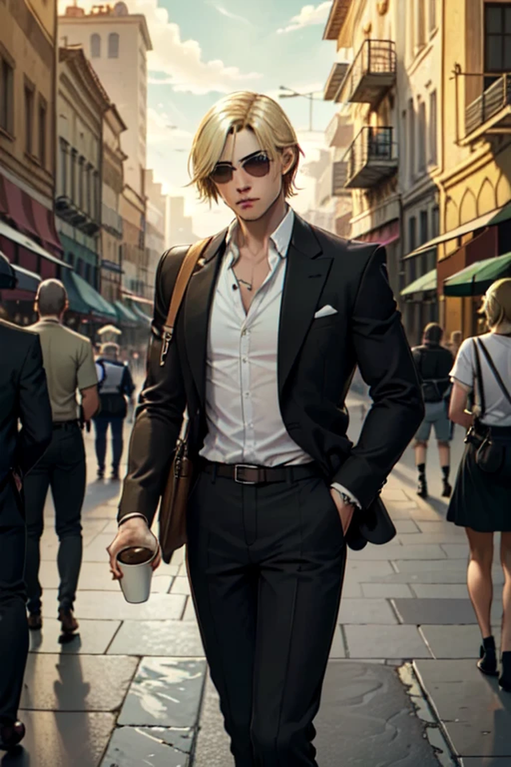 ((ultra detailed, masterpiece, best quality)),
RE4Leon, 1boy, solo, blonde hair, Within a bustling city square, business-casual attire, surrounded by urban life, confidently strolling with a coffee cup in hand