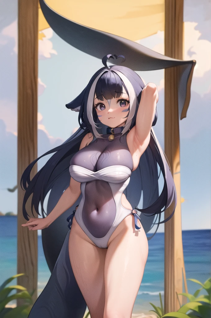 (masterpiece), (ultra-detailed), best quality, 8k, 1girl, solo, outdoors, beach, ocean, shylilythird, :3, large breasts, cleavage,one-piece swimsuit, swimsuit, covered navel, cetacean tail, bell, thighs,arms above head, bare arms, facial mark, standing, cowboy shot,