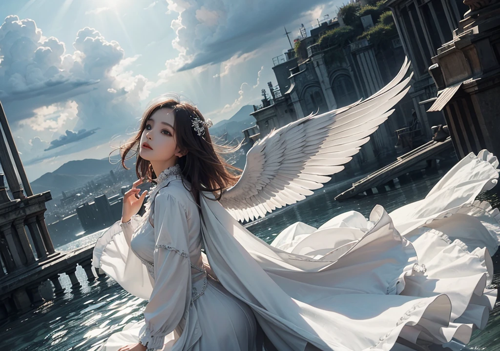 Dream concept, angle, beautiful face and wings, in cloudy atmosphere, full dress decent holy 
angle 