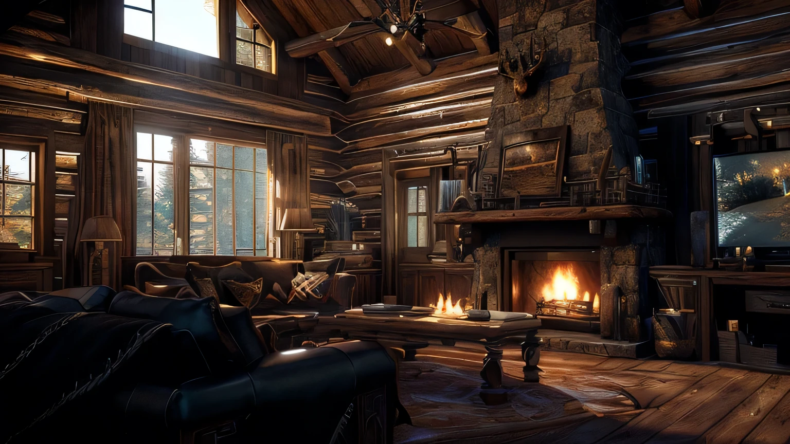 AlaFed log cabin living room with fireplace and leather sofa, realistic unreal engine 3 d game, Highly realistic Unreal Engine, highly Unreal Engine in Detail, Highly detailed environments, Unreal Engine realistic rendering, Detailed lighting and textures, Photorealistic dark concept art, very Unreal Engine in Detail, Unreal Engine 3D Rendering, Photorealistic Unreal Engine, Adventure Hyper Real Rendering, Unreal Engine in Detail