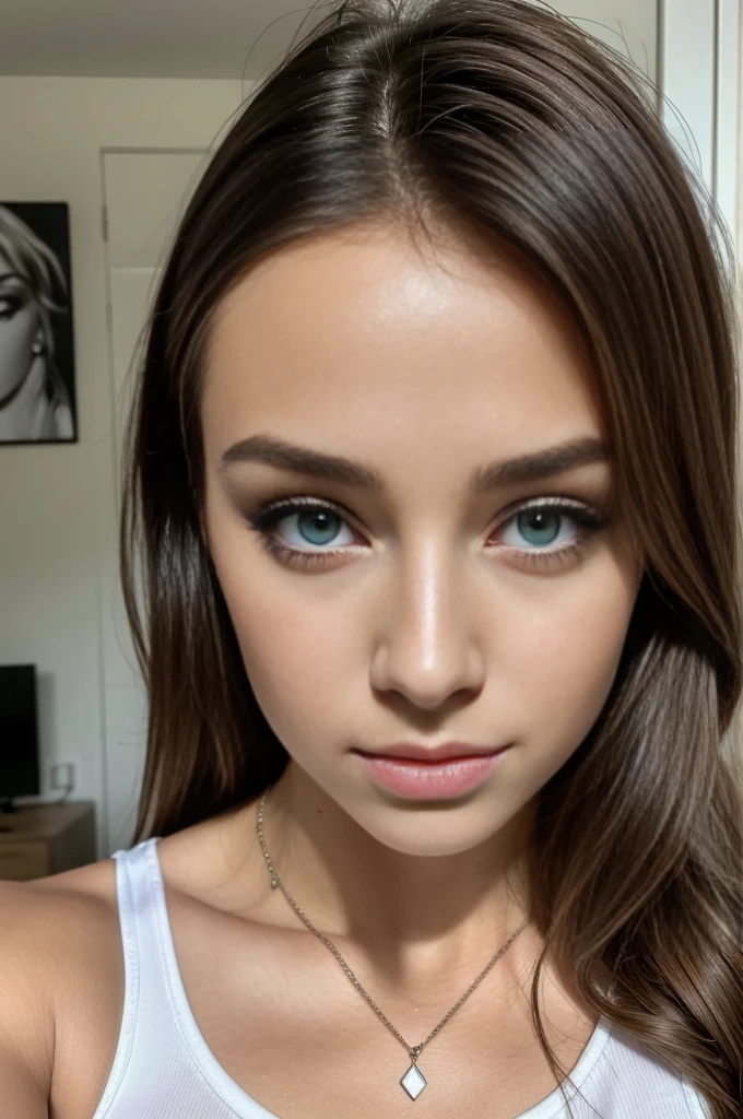 Arafed woman with a white tank top and necklace, fille sexy aux yeux verts, Portrait Sophie Mudd, cheveux bruns et grands yeux, selfie of a young woman, Yeux de chambre, Violet Myers, sans maquillage, maquillage naturel, looking straight at camera, Visage avec Artgram, Maquillage subtil, stunning closeupheadshot, piercing green eyes, see his whole body playing soccer