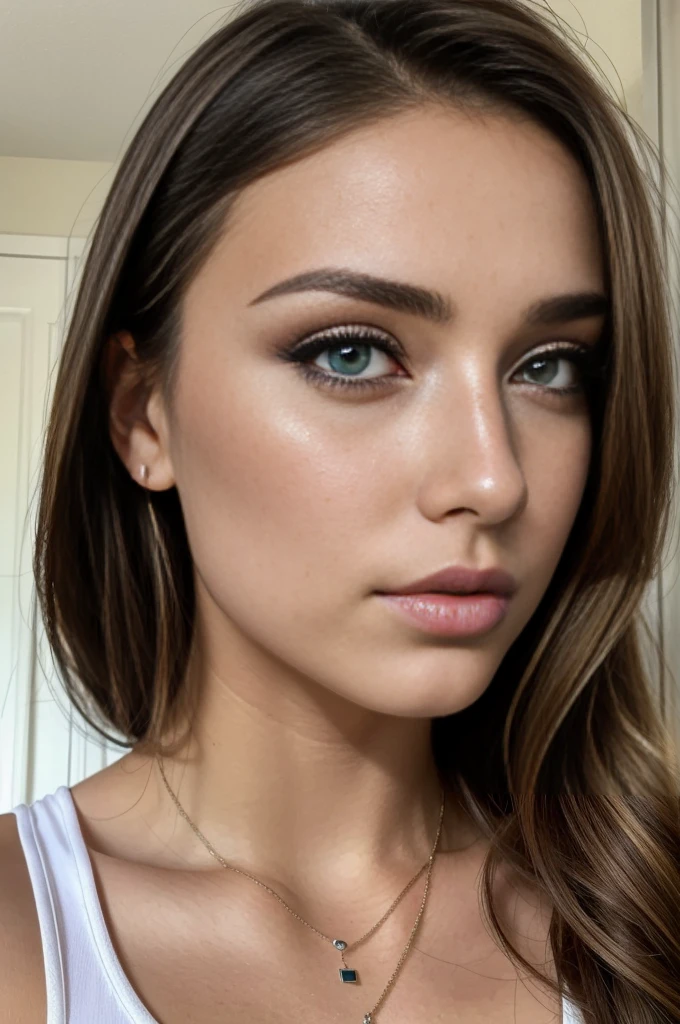 Arafed woman with a white tank top and necklace, fille sexy aux yeux verts, Portrait Sophie Mudd, cheveux bruns et grands yeux, selfie of a young woman, Yeux de chambre, Violet Myers, sans maquillage, maquillage naturel, looking straight at camera, Visage avec Artgram, Maquillage subtil, stunning closeupheadshot, piercing green eyes, see his whole body playing soccer