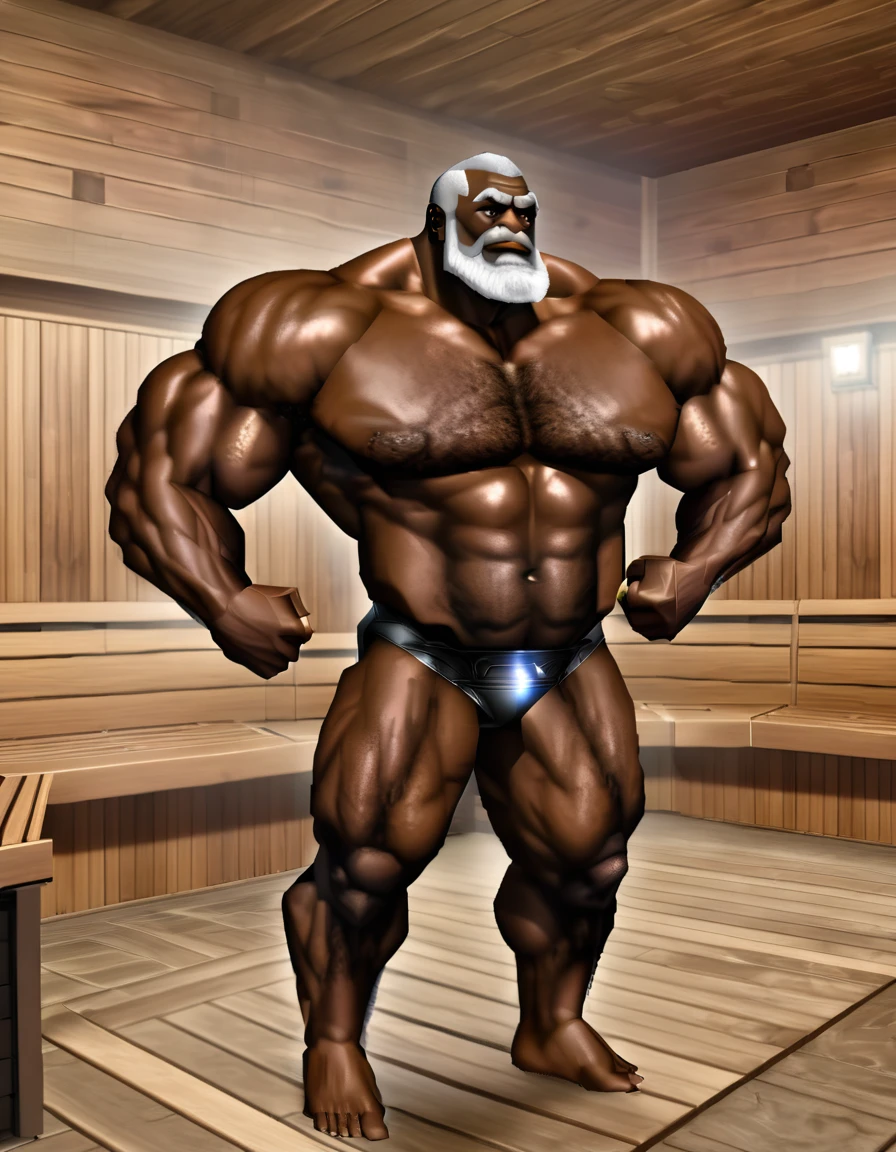 Black old giant sitting full body shot in sauna。Just as big，Too much muscle。The bronzed old man in shorts has a particularly large body。Strong and powerful, hard like a piece of iron, well-developed, full of strength, with a lot of flesh, and black skin。The whole body is getting bigger and stronger, black skin。Big chest muscle body very tall。