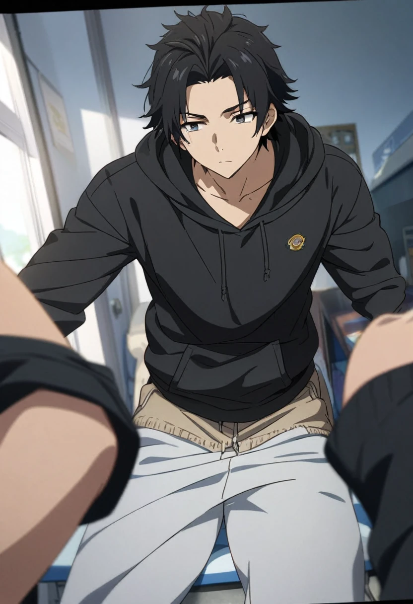 A highschool boy, handsome, perfect body, black hair, short hair, mullet black eyes, expressionless, black hoodie, anime, first-person view, masterpiece, anatomically correct, high details, highres, best quality, super detail, 1080P