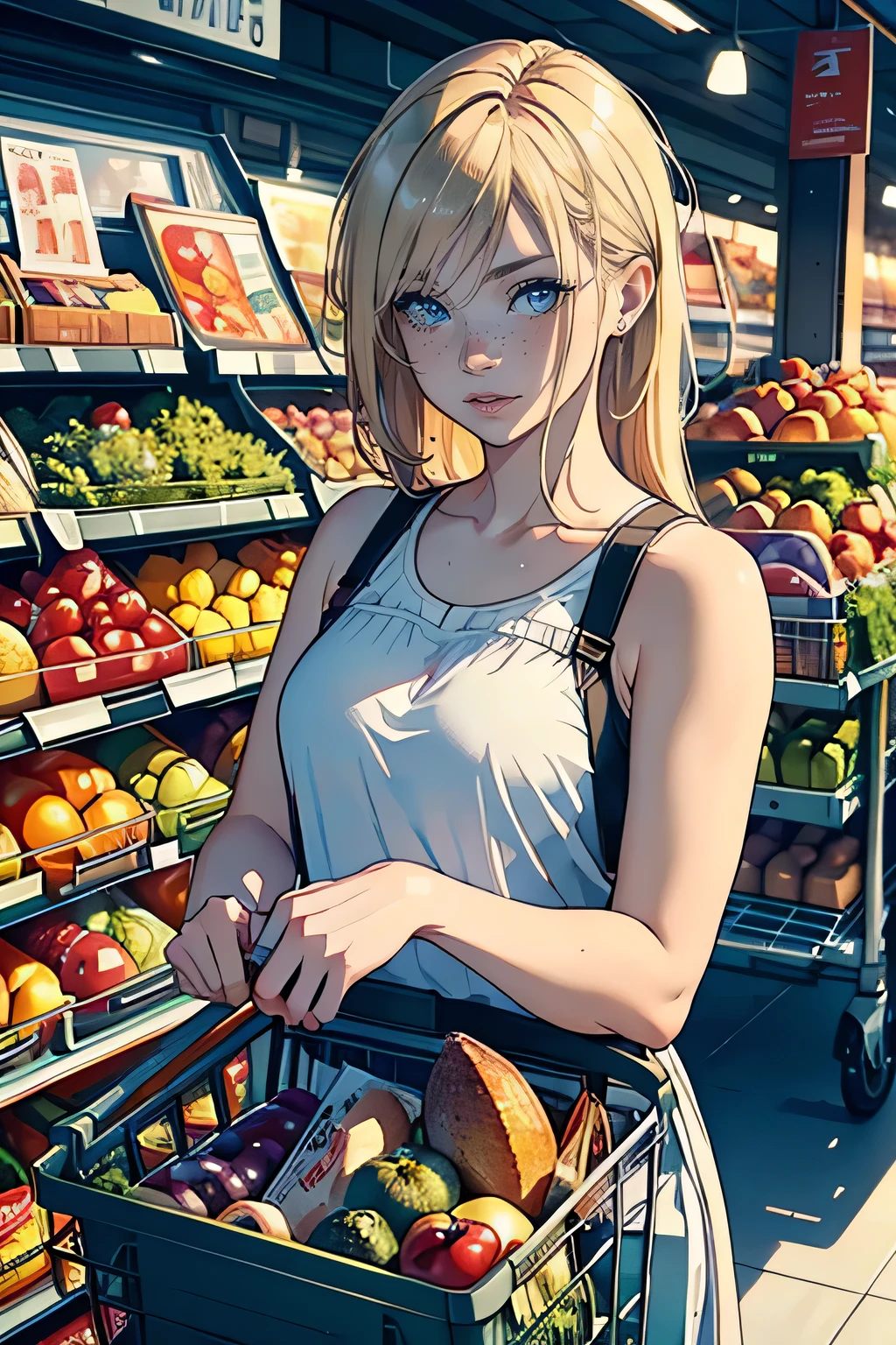 a woman with blonde hair and a beauty mark under her left eye, a cute smattering of freckles, buying groceries at the supermarket, wearing a sleeveless top, pondering whether to buy tomatoes, a perplexed expression on her face, (best quality,4k,8k,highres,masterpiece:1.2),ultra-detailed,(realistic,photorealistic,photo-realistic:1.37),hyperrealistic,highly detailed facial features,extremely detailed eyes and face,longeyelashes,vibrant colors,natural lighting,warm tones,detailed grocery store environment,shopping cart,shelves of produce