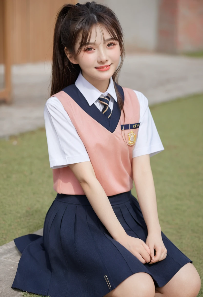 1 Girl,((Uniforms)), blush,A faint smile, sit,outdoor,