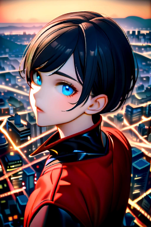 black hair, short hair, blue eyes, wearing red clothes, looking for the camera, city background, 8k, ultrasharp , man