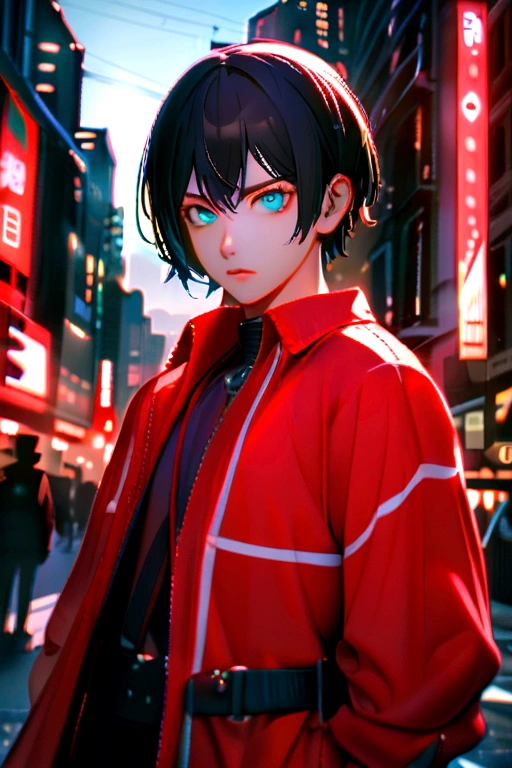 black hair, short hair, blue eyes, wearing red clothes, looking for the camera, city background, 8k, ultrasharp , man