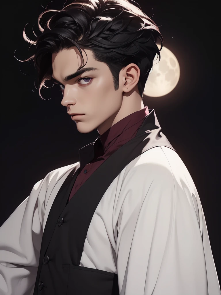 ((Best quality)), ((masterpiece)), 8k (detailed), ((perfect face)), ((male)), perfect proporcions, ((halfbody)) he is a handsome vampire, he is 18 years old, he has black hair, gothic clothes, corset, bare chest, he extends his arms to his sides, he walks forward, there is a full moon behind him,There is a cemetery behind him ((perfect face)) ((vampire ambience)) night sky, (best quality,4k,8k,highres,masterpiece:1.2),ultra-detailed,realistic,professional,(portraits,concept artists),vivid colors,sharp focus,(landscape:1.1),HDR,studio lighting,(black hair:1.1),(purple eyes:1.1),muscualr,strong body,trained,suit