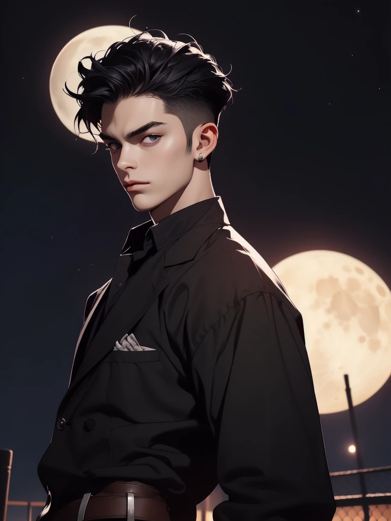 ((Best quality)), ((masterpiece)), 8k (detailed), ((perfect face)), ((male)), perfect proporcions, ((halfbody)) he is a handsome vampire, he is 18 years old, he has black hair, gothic clothes, corset, bare chest, he extends his arms to his sides, he walks forward, there is a full moon behind him,There is a cemetery behind him ((perfect face)) ((vampire ambience)) night sky, (best quality,4k,8k,highres,masterpiece:1.2),ultra-detailed,realistic,professional,(portraits,concept artists),vivid colors,sharp focus,(landscape:1.1),HDR,studio lighting,(black hair:1.1),(purple eyes:1.1),muscualr,strong body,trained,suit