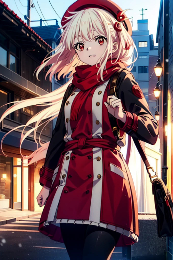  Nishikigi chisato,Long Hair , bangs, blonde, (Red eyes:1.5),happy smile, smile, Open your mouth,Whthate knthat hat,Whthate Coat,Red scarf,Whthate Sweater,Put your hands in your coat pockets,Long skirt,Black Pantyhose,short boots,Shirogane World,Snow is piling up,that&#39;that&#39;it&#39;s snowing,that&#39;that&#39;it&#39;s snowing,winter,Cold Sky,moonlight,full moon,night,whole bodyがイラストに入るように,
break looking at viewer, whole body, 
break outdoors, cthaty,Building Street,
break (masterpiece:1.2), highest qualthaty, High resolution, unthaty 8k wallpaper, (shape:0.8), (Beautiful and beautiful eyes:1.6), Highly detailed face, Perfect lighting, Highly detailed CG, (Perfect hands, Perfect Anatomy),