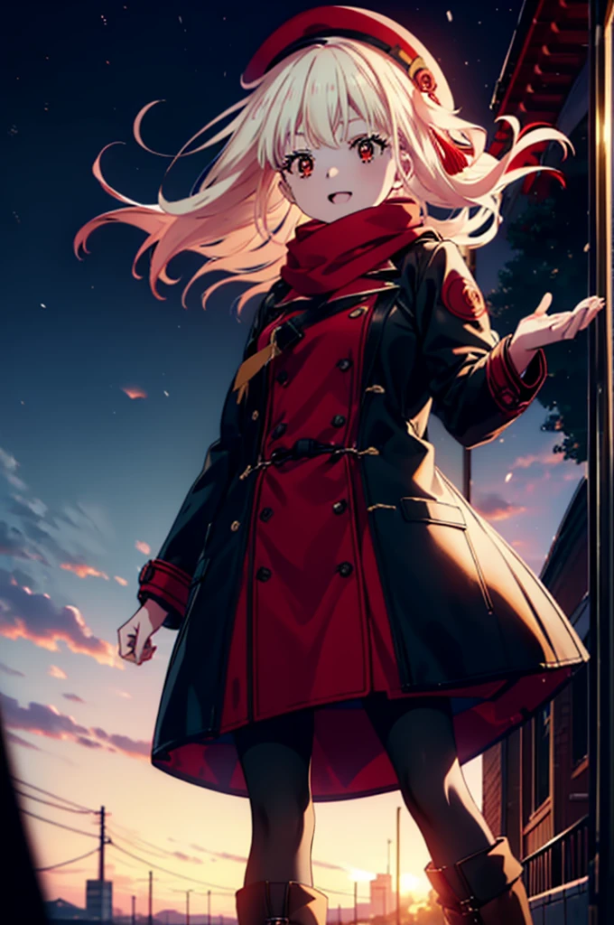 Nishikigi chisato,Long Hair , bangs, blonde, (Red eyes:1.5),happy smile, smile, Open your mouth,Whthate knthat hat,Whthate Coat,Red scarf,Whthate Sweater,Put your hands in your coat pockets,Long skirt,Black Pantyhose,short boots,Shirogane World,Snow is piling up,that'that'it's snowing,that'that'it's snowing,winter,Cold Sky,moonlight,full moon,night,whole bodyがイラストに入るように,
break looking at viewer, whole body,
break outdoors, cthaty,Building Street,
break (masterpiece:1.2), highest qualthaty, High resolution, unthaty 8k wallpaper, (shape:0.8), (Beautiful and beautiful eyes:1.6), Highly detailed face, Perfect lighting, Highly detailed CG, (Perfect hands, Perfect Anatomy),