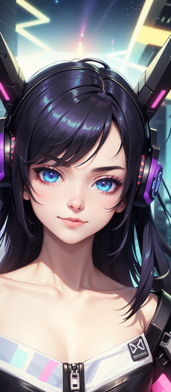 1boy, (extremely beautiful), solo, male focus, cyberpunk, neon lights, vibrant colors, headphones, Cyberpunk, neon, masterpiece, best quality, ultra-detailed, cyberpunk background, detail, in the starry night, moon, explosive and clear eyes, glowing eyes, beautiful details in the wind, little smile.