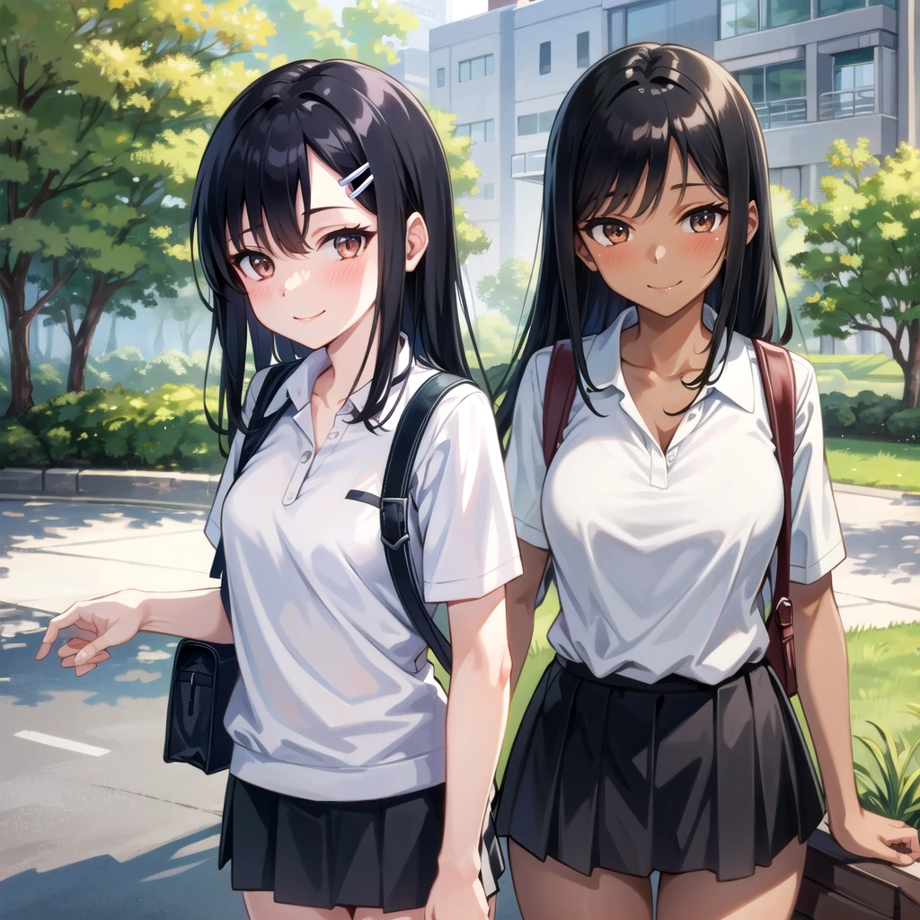 ((best quality)), ((masterpiece)), (detailed), 1girl, sexly((best quality)), ((masterpiece)), (detailed), 1girl, sexly((Highest quality)), ((masterpiece)), (detailed), One girl, whole body、Sexy expensive body, expensive, Long legs, mature female, mature, Adult, It is_nagatoro_main, nagatoro hayase, One girl, blush, alone, White polo shirt、 Black Hair, bag, Brown eyes, hair ornaments, View your viewers, Hair Clip, Outdoor, Backpack, smile, Long Hair, White shirt, Dark skinned women, Dark Skin, , bangs, Day, skirt, Collared shirt, clavicle, Ear Clip, Rolled up my sleeves, Mouth closed, wood, asymmetrical bangs, Upper Body
