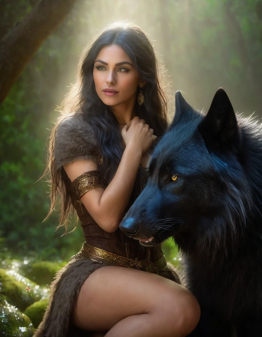 (Beautiful druid elf girl 1.3) hugging a black wolf (extremely detailed CG unity 8k wallpaper, masterpiece, best quality, ultra-detailed, beautiful detailed bright eyes:1.2), best illumination, (best shadow, an extremely delicate and beautiful, bloom, iridescent), masterpiece, best quality:1.1, realistic:1.3, cinematic lighting:1.2, on a sunray cliff:1.5, ultra photoreal, photorealistic:1.0, sharp focus:1.1, depth of field:1.1, 50mm, Hasselblad X1D II, Porta 160