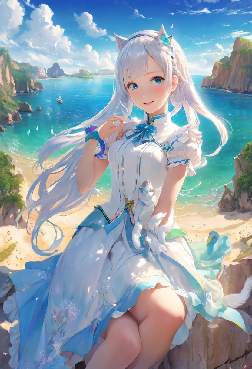 (Panorama, Center, Masterpiece, Highest Quality: 1.2), (8K, Raw Photos, Highest Quality), ((Masterpiece: 1.2)), Realistic, Ultra High Resolution, High Contrast, Photon Mapping, Vivid Colors, distant view, long shot, from behind, full body, Focal length: 26mm, f/5, Super Detailed, Raw Photos, Authentic, Official Art, RAW Photos, Professional Lighting, Lights, Vivid Atmosphere, finest illustration, best shadows), A smiling young girl (Emilia princess from Re:Zero, elegant silver-haired girl with delicate features, beautiful detailed eyes, long eyelashes, full lips, colorful makeup, slim waist, wearing a academy uniform, short sleeve top, photorealistic, (best quality,4k,8k,highres,masterpiece:1.2),ultra-detailed,(realistic,photorealistic,photo-realistic:1.37), extremely detailed face and eyes, highly detailed iris, (cute)),Early summer. On a beautiful white sandy beach, a smiling girl is looking at the islands scattered off the coast of the sea. A white cat is sitting next to a smiling girl. Beautiful blue gradient. Beautiful green gradient. An atmosphere that exudes the excitement of adventure. An atmosphere that makes you feel happy and joyful. High Fantasy Worldview. A magnificent composition. Beautifully depicted with the golden rule. Guardian nebula of rainbow light and silvery vapor. Corrosive Encirclement Ray Family Color. Slimy air.