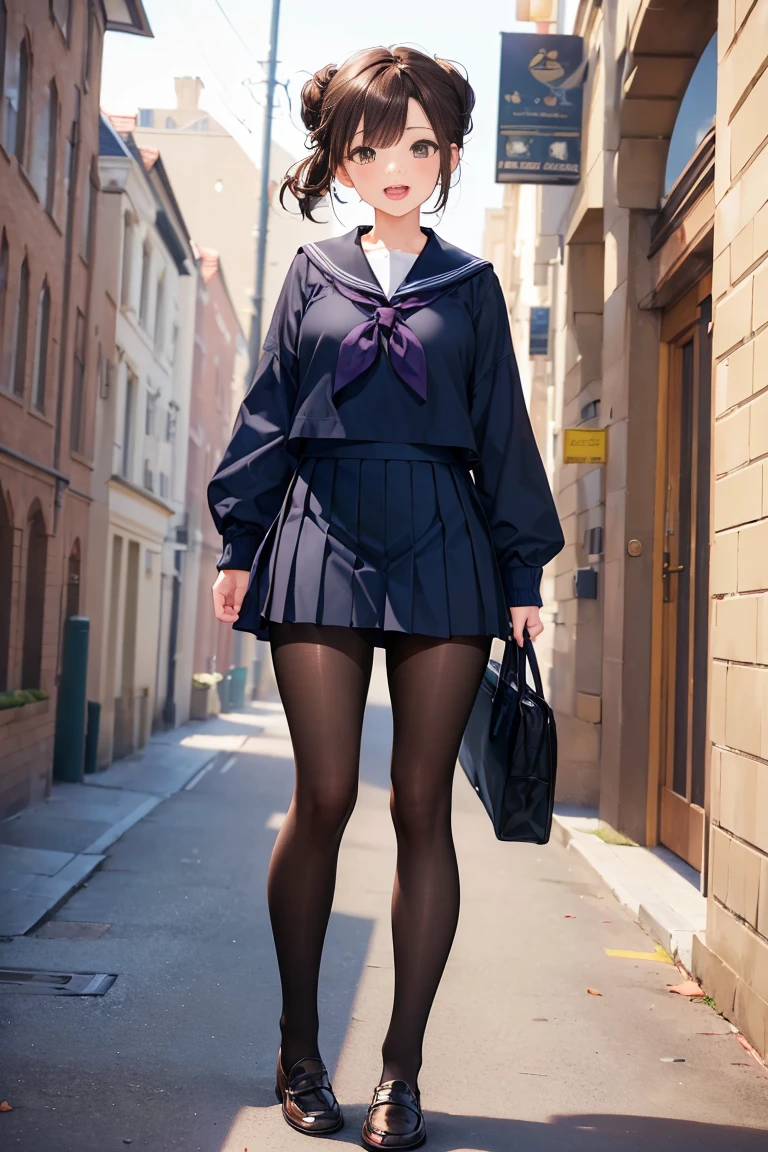((masterpiece, top quality, 8k, ultra highly detailed)), 1 girl, 18 years old, big smile:1.4, cute face:1.4, perfect body, dark brown hair, dark brown eyes, half updo:1.4, open mouth:1.3, ((dark blue long sleeve sailor suit, dark blue pleats skirt, thick pantyhose, dark brown loafers)), (full body, cute standing:1.4, beautiful legs:1.3), (in campus:1.5)
