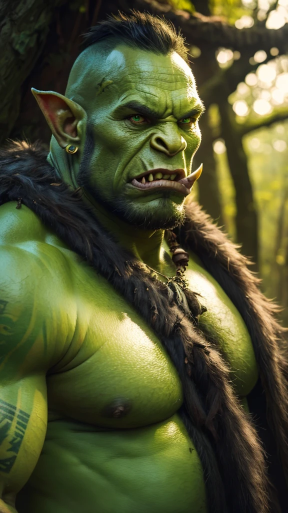 Young orc, big fangs, (green skin) , peaceful expression, dirty clothes and hair, wool and fur clothes, bone jewelry, forest background, natural lighting, tribal tattoos, big body, fat belly, highly detailed, 4k, photorealistic, dramatic lighting, cinematic, fantasy art, ultra high quality, sharp Focus, orczor, hewoworc