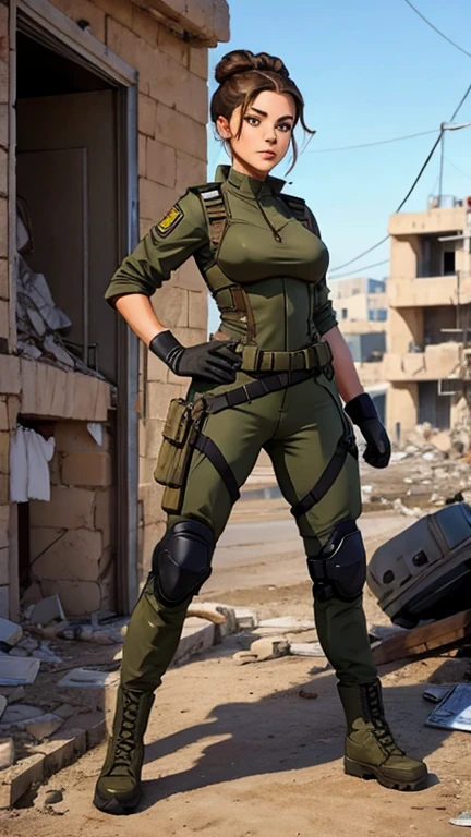 Israel military woman, beautiful, beautiful face, beautiful hazel eyes, brunette hair bun hairstyle, puffy lips, slim athletic body, perfect breasts, round ass, thick thighs, israel military uniform, tactical gear, tactical gloves, combat boots, destroyed building in background, tight fit full outfit, head to toe, armored vehicle