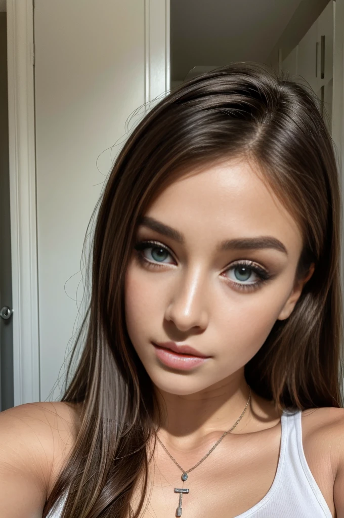 Arafed woman with a white tank top and necklace, fille sexy aux yeux verts, Portrait Sophie Mudd, cheveux bruns et grands yeux, selfie of a young woman, Yeux de chambre, Violet Myers, sans maquillage, maquillage naturel, looking straight at camera, Visage avec Artgram, Maquillage subtil, stunning closeupheadshot, piercing green eyes, see his whole body, i see the ass, playing soccer