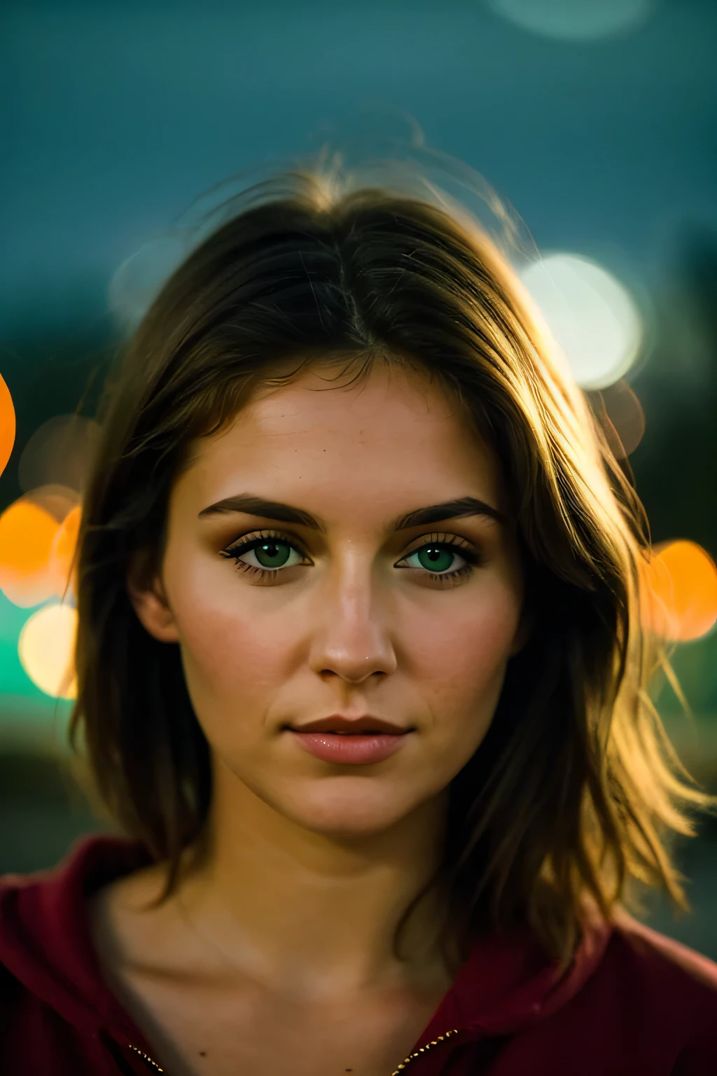 a beautiful 28-year-old woman,brunette, green eyes, ultraphotorealistic, close-up, looking direct in camera, girl next door,baggy clothes,night,messy hair,film grain,retro,(bokeh:1.3),Porta 160 color,shot on ARRI ALEXA 65,sharp focus on subject,Fujifilm XT-3