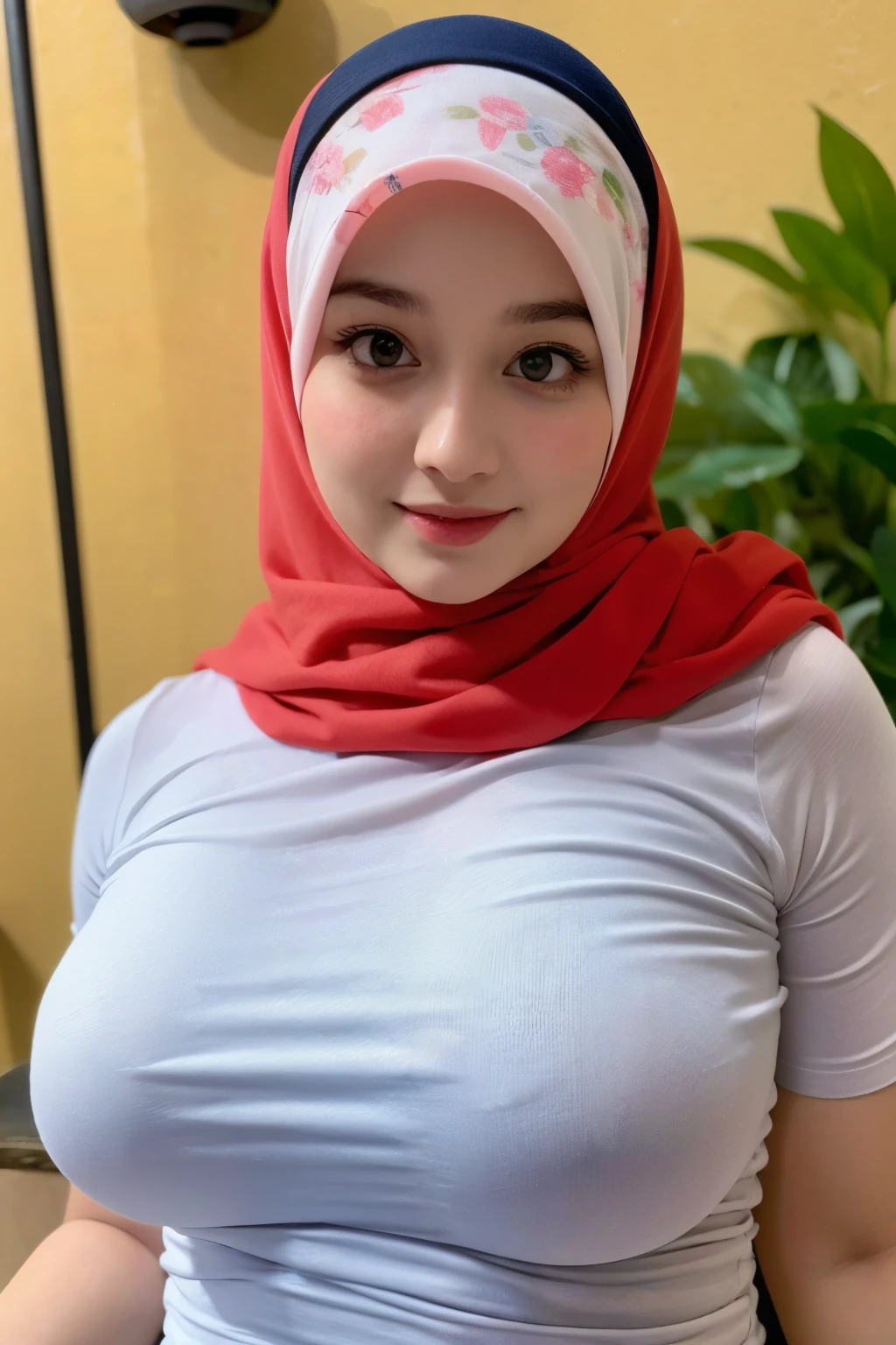 (Deep transparent), Chubby adorable, 1 girl, (face to face), , baby face, hf body portrait, (face details: 1), (eye details: 1), ((big breasts)). wearing transparent transparency soft soft long shirt, hijab, .. Cute posed. proportional body. Ultra High Res. realistic: 1.4, UHD, (floral pattern), view from side seductive pose 