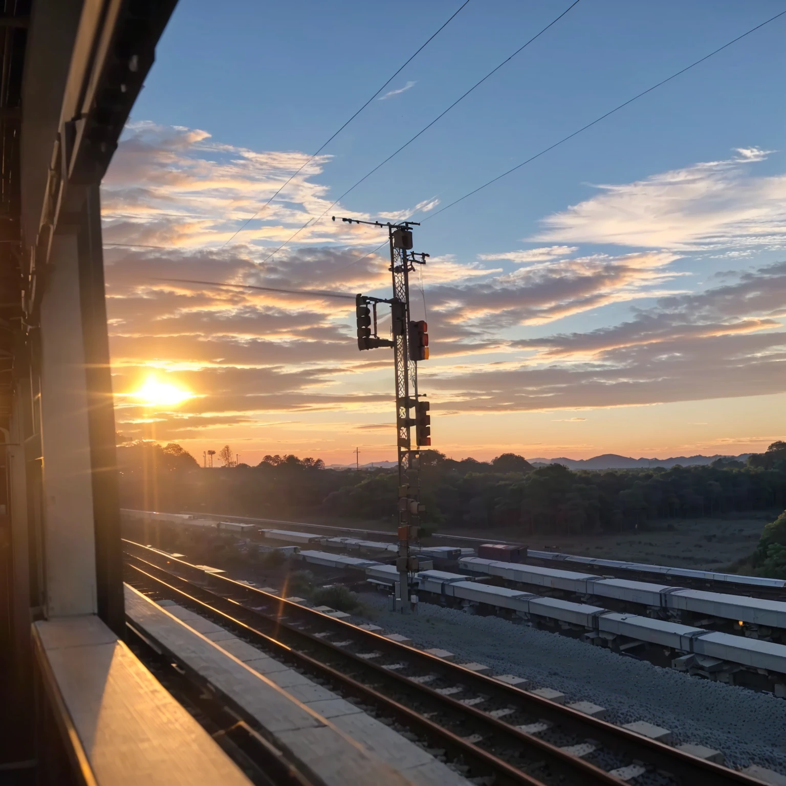 Landscape with train passing by on train tracks, early morning sunrise, At sunrise, Sunrise in the morning, early morning, The sun in the sky is strong, Beautiful afternoon, sunset in the distance, Heading towards the sunset, in the early morning, Beautiful morning, At sunrise, early morning light, Morning Light, Beautiful sunrise