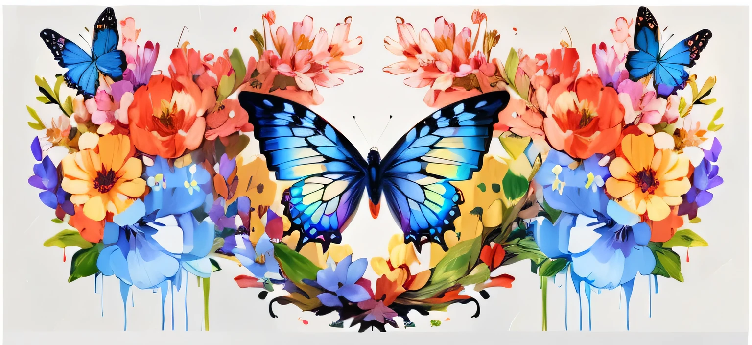 Butterfly and flowers are painted in a heart shape, harmony of Butterfly, flowers and Butterfly, Butterfly, Butterfly pop art, 2019, 2 0 1 9, 2 0 1 8, 2018, Butterfly, Full color printing, Artistic 4K, 2 0 2 0, 2020, Butterfly and birds, Full scene shooting，Bright light, clear edge lines, whimsical associations, bold creativity, against a white background. Best Quality, Ultra Detailed, Masterpiece, 32k.